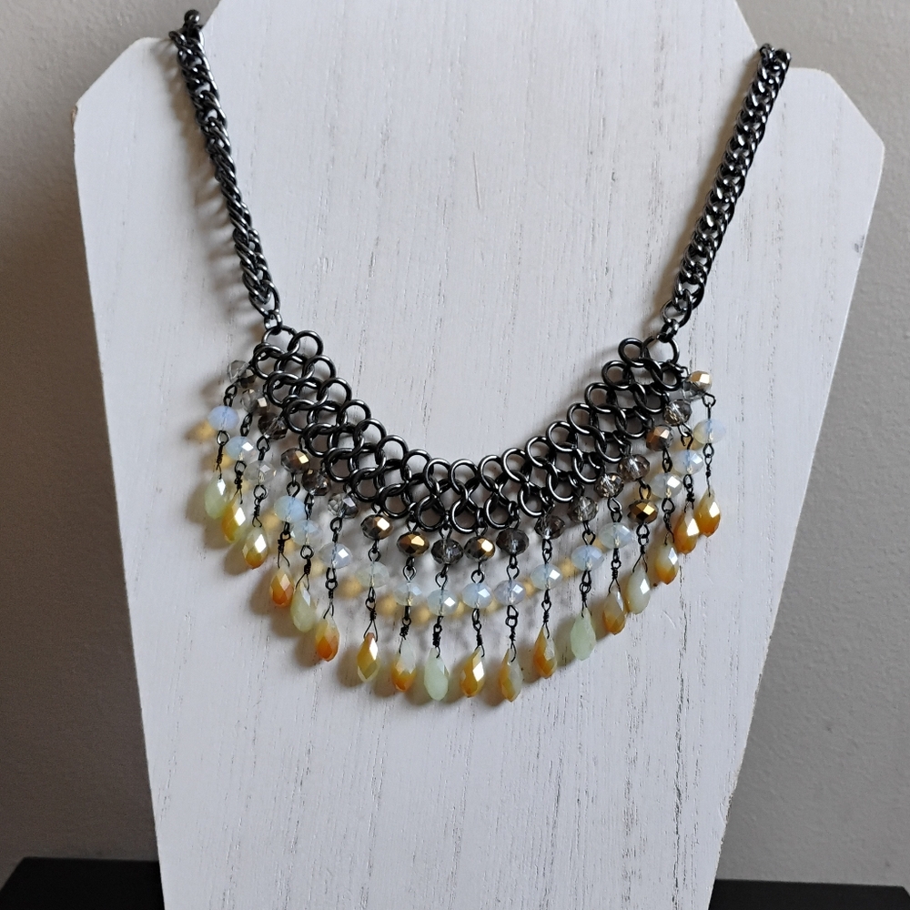 Beautiful Chain Beaded Statement Necklace | Gunmetal & Neutral Tones